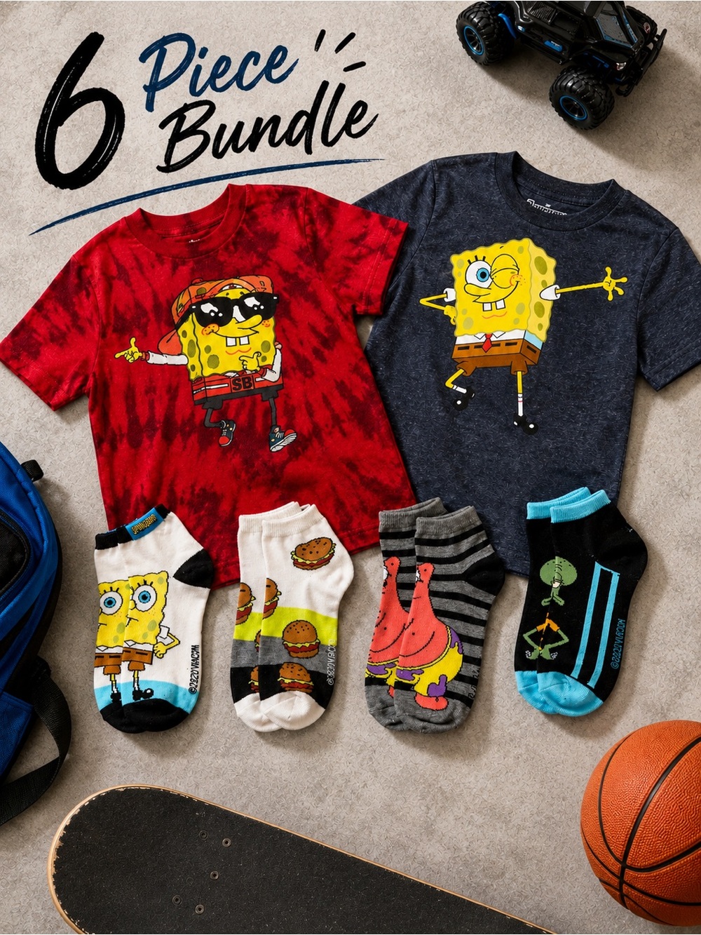 Kids Sponge Bob 6pc Bundle - T-Shirts + Socks (Brand New) Size Small